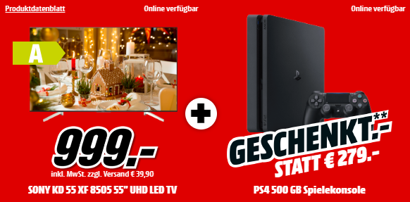 SONY KD-55XF8505 55 Zoll UHD 4K Smart TV + SONY PlayStation 4 500GB für nur 999,- Euro (statt 1.217,- Euro)