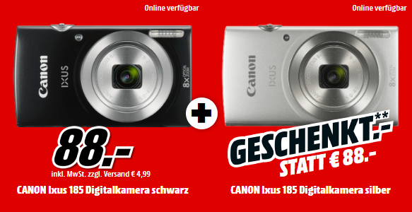 2x CANON Ixus 185 Digitalkamera (1x schwarz + 1x silber) für zusammen 88,- Euro