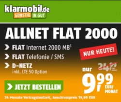 Kracher! Klarmobil Allnet- und SMS-Flat mit 2GB LTE 50 im Telekom-Netz für 9,99 Euro mtl.