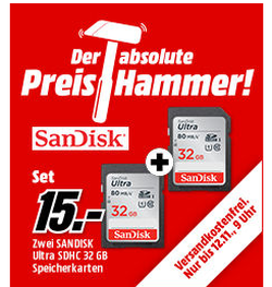 Doppelpack SANDISK Ultra, SDHC Speicherkarten 32 GB (SDSDUNC-032G-GN6IN) für 15,- Euro
