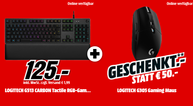 LOGITECH G513 CARBON Mechanische Tastatur + LOGITECH G305 Gaming Maus für nur 126,99 Euro inkl. Versand