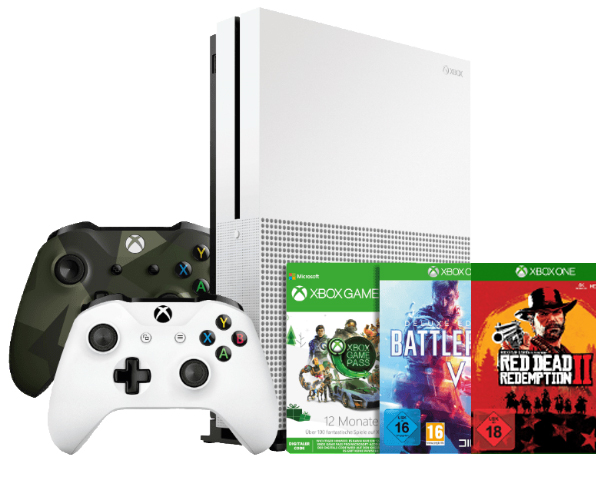 Tipp! Xbox One S 1TB Sparket mit zwei Controllern, Battlefield V, Battlefield 1, Red Dead Redemption 2 und 12 Monate Game Pass für nur 299,- Euro