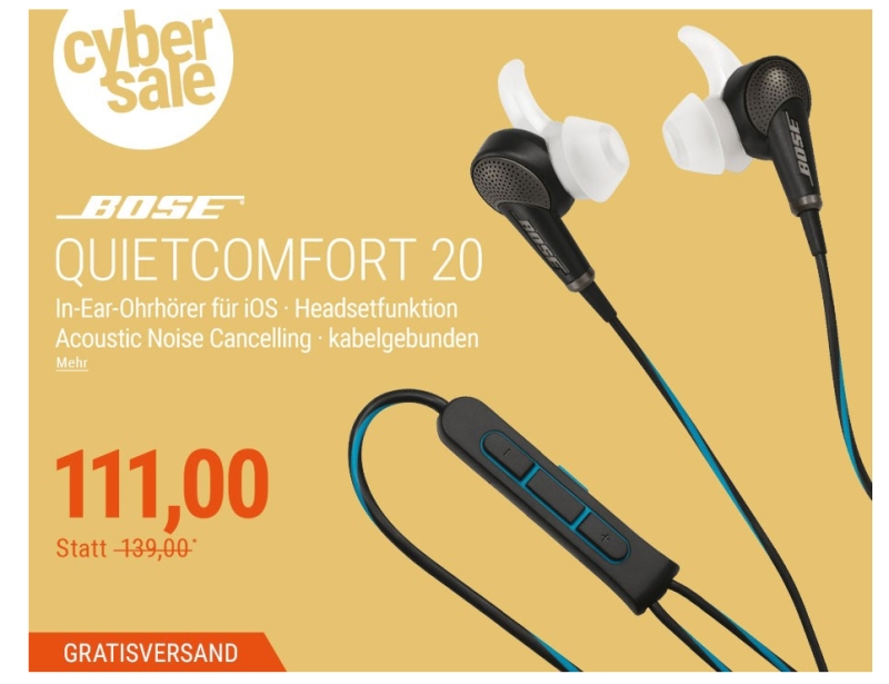 BOSE Quietcomfort 20 Schwarz In Ear Acoustic Noise Cancelling Ohrhörer für iOS nur 111,- Euro