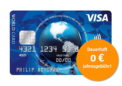 Die Visa World Kreditkarte: Dauerhaft kostenlos, Wunsch-PIN, kostenlos im EU-Ausland Geld abheben