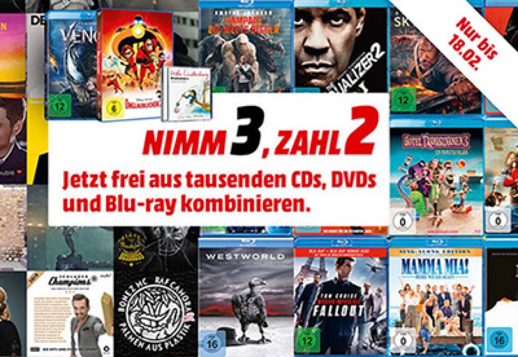 3 für 2 Aktion im Bereich CDs, DVDs und Blurays im MediaMarkt Online Snipz.de
