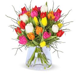 Blumenstrauß Modern Love mit 17 bunten Tulpen aufgebunden mit Heidelbereen für 25,98€