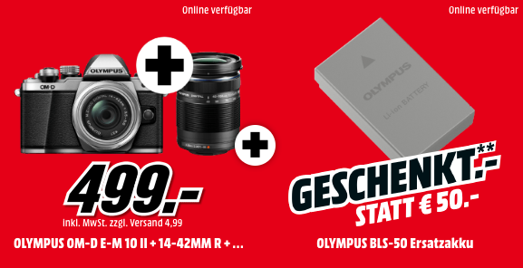 OLYMPUS OM-D E-M10 Mark II Systemkamera Kit mit 14-42 mm II und 40-150 mm Objektiv und gratis Zusatzakku für nur 499,- Euro