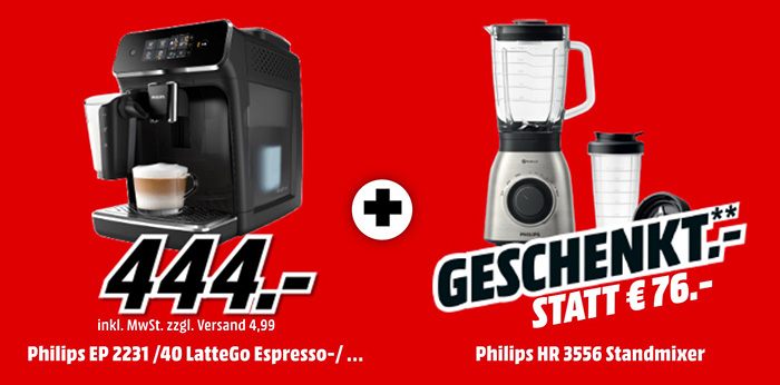 PHILIPS EP 2231/40 2200 LatteGo Kaffeevollautomat + PHILIPS HR3556/00 Standmixer für nur 444,- Euro