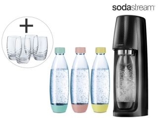 SodaStream Spirit Wassersprudler + 3 Flaschen 840 ml + 4 Gläser 330 ml für 65,90 Euro inkl. Versand