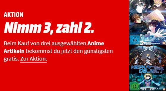 3 für 2 Aktion auf viele Produkte der Kategorie “Anime Serien und Filme” im MediaMarkt Onlineshop