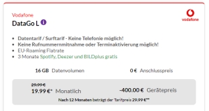 Top! Vodafone DataGO L LTE Tarif mit 16GB Datenvolumen und 400,- Euro Auszahlung