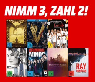 Nimm 3, zahl 2 bei MediaMarkt! Beim Kauf von 3 Titeln aus dem gesamten TV-Serien Sortiment erhaltet ihr das Günstigste gratis