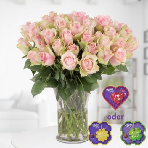 Strauß mit 40 rosa Rosen + 50g Milka Pralines & Grußkarte für nur 24,90 Euro inkl. Lieferung