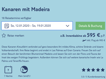 Tui Cruises Angebot der Woche: z.B. 8 Tage Kanaren mit Madeira ab 995,- Euro pro Person