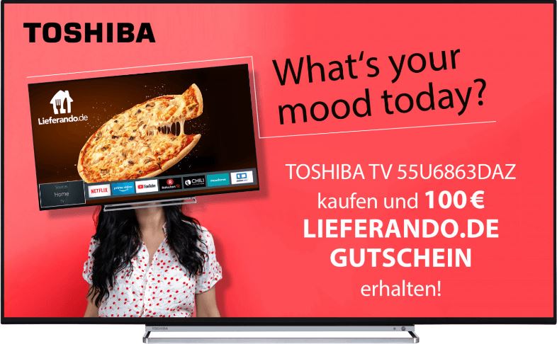 TOSHIBA 55U6863DAZ UHD TV (Flat, 55 Zoll, UHD 4K, SMART TV) + 100,- Euro Lieferando Gutschein für nur 479,- Euro inkl. Versand