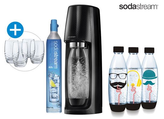 SodaStream Spirit Wassersprudler + 3 Flaschen 840 ml + 4 Gläser 330 ml für 65,90 Euro inkl. Versand