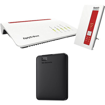 FRITZ!Box 7590 Router + FRITZ!WLAN Repeater 1750 + WD Elements (1 TB HDD, 2.5 Zoll) für nur 239,- Euro inkl. Versand