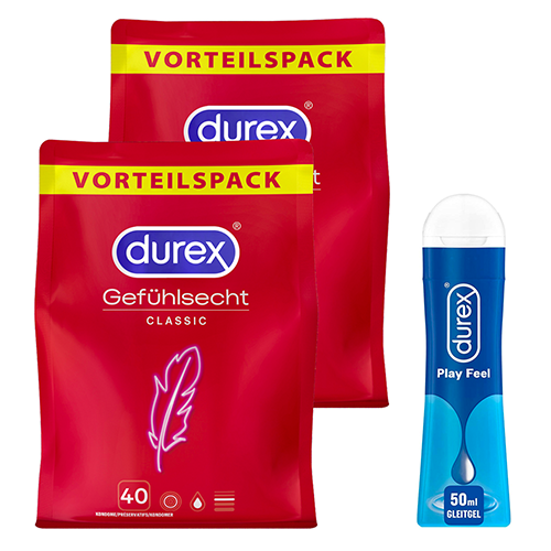80 (2x 40) Durex Gefühlsecht Classic Kondome + Durex Play Feel Gleitgel nur 39,99 Euro