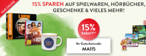 15% Rabatt auf Spielwaren, Hörbücher, Geschenke und mehr bei Hugendubel!