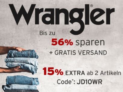 Bis zu 56% Rabatt im Sale +15% Extrarabatt auf Wrangler Jeans ab Kauf von 2 Artikeln bei Jeans Direct