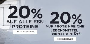 20% Rabatt auf alle ESN Proteine bei Fitmart + 20% auf proteinreiche Lebensmittel, Low Carb Diät und mehr!
