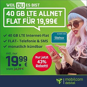 o2 Allnet-Flat mit 40GB LTE (VoLTE, WLAN Call) für 19,99€ mtl. (monatlich kündbar!)