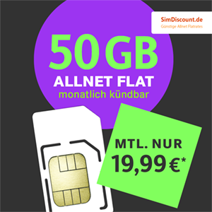 Simdiscount.de: Telefonica Allnet-Flat mit z.B. 50 GB LTE für nur 19,99€ mtl.
