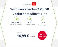 Sommerkracher: 20GB LTE Vodafone Aktionstarif mit 20GB Datenvolumen Allnet- und SMS Flat für 14,99 Euro + 4 Monate Deezer gratis!