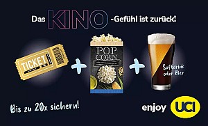 UCI-Kinogutschein – 2D inkl. Überlänge & Zuschlägen + Popcorn + Softdrink oder Bier (0,5 l) in allen UCI Kinos für 9,99€ (statt 24,30€)