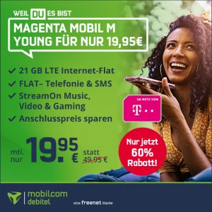 Telekom Magenta Mobil M Young Tarif – Allnet Flat mit 21 GB LTE (300 Mbit/s) für 19,95€ mtl. – bis 28 Jahre!