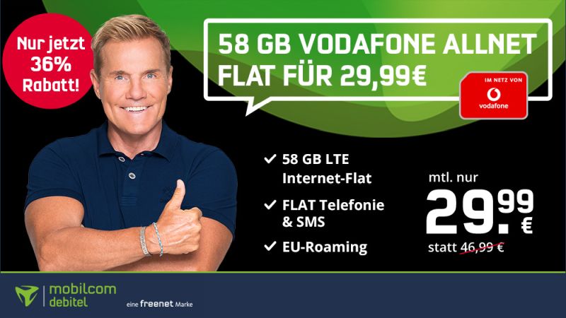 Vodafone Allnet Flat Green LTE 58 GB für 29,99€ mtl.