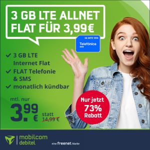 Nur noch heute: Telefónica 3 GB LTE Allnet Flat für nur 3,99€ mtl. – monatlich kündbar!