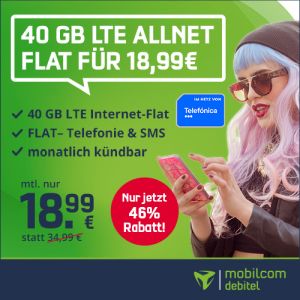 MD Allnet Flat 40 GB LTE im o2 Netz (inkl. VoLTE & WLAN Call) für 18,99€ mtl. (monatlich kündbar)