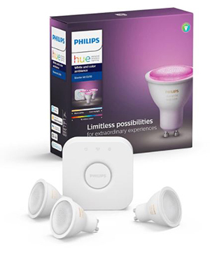 PHILIPS Hue White & Color Ambiance GU10 3-er Bluetooth Starter Kit für nur 92,59€ inkl. Versand als Saturn Card Inhaber (statt 138€)