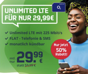o2 Free Unlimited Max (bis zu 225 Mbit/s) für nur 29,99€/Monat – monatlich kündbar!