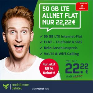 Nur noch heute! MD Vodafone Green LTE 50 GB Tarif für nur 22,22€ mtl.