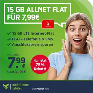 Nur noch heute: 15 GB LTE Vodafone Allnet Flat für 7,99€ (Ohne Anschlussgebühr!)