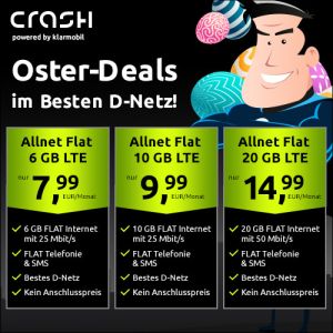 Nur noch heute: Oster-Deals bei Crash-Tarife: Telefonie & SMS Flats mit 6GB, 10GB oder 20GB Daten-LTE Flat im Telekom Netz ab 7,99€ mtl. (KEIN Anschlusspreis!)