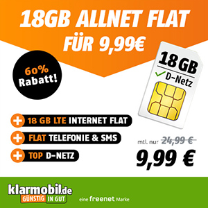 Nur noch heute: klarmobil Vodafone Allnet Flat mit 18 GB Datenvolumen für 9,99€ mtl.