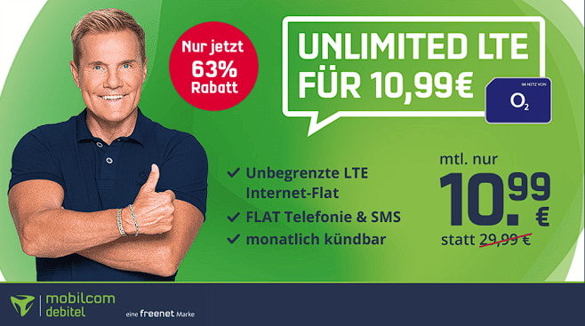 mobilcom-debitel o2 Free Unlimited Basic – monatlich kündbar für mtl. 10,99€