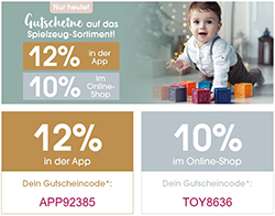 Nur heute: 10%/ 12% Rabatt auf die Kategorie Spielzeug im Babymarkt Online-Shop bzw. in der App