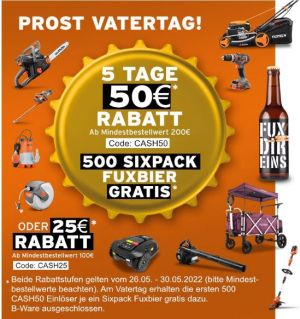 Nur noch heute: 50€ Rabatt auf Bestellungen ab 200€ Bestellwert und 25€ ab 100€ Bestellwert + Gratis-Sixpack Bier bei Fuxtec!