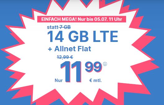 Top! Simply LTE Allnet-Flat, SMS-Flat und 14 GB LTE-Flat für 11,99€ mtl.