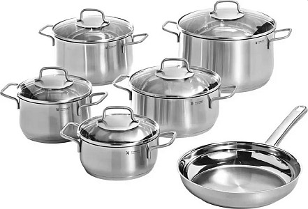 WMF Brillant Kochgeschirr-Set 6-teilig (5 Töpfe inkl. Deckel + 1 Pfanne aus Edelstahl, alle Herdarten) für 93,94€ (statt 173€)