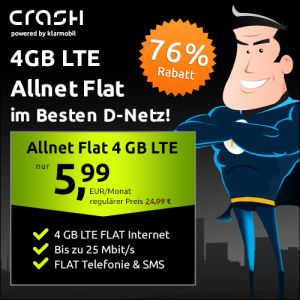 Nur noch heute: Crash LTE 4 GB Allnet Flat Tarif für nur 5,99€ mtl. im Telekom Netz