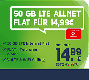 Knaller! MD Vodafone LTE Allnet Flat mit 50 GB Daten für nur mtl. 14,99€