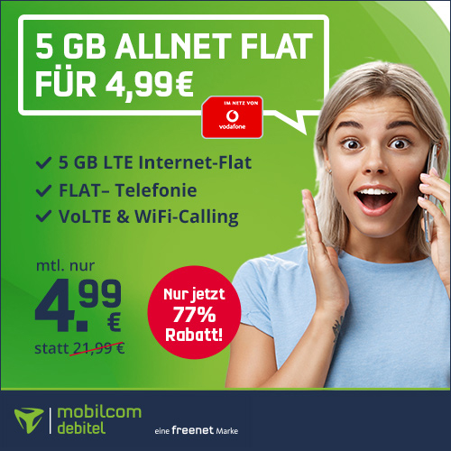 Top! mobilcom-debitel Vodafone Green LTE 5 GB für nur 4,99€ monatlich