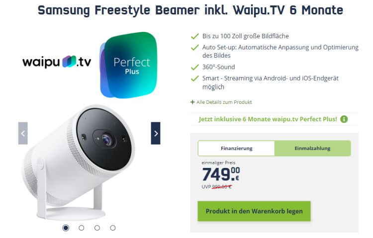 Samsung Freestyle Beamer + 6 Monate waipu.tv Perfect Plus für 749€  abzüglich 100€ Cashback