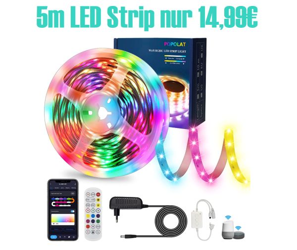 Popolat 5m RGB LED-Strip mit App Steuerung und Alexa Support für 14,99€