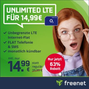 Nur noch heute! o2 Free Unlimited Smart – Unbegrenzte LTE Internet Flat für mtl. 14,99€ (mtl. kündbar!)
